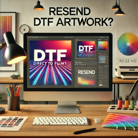 Computer desk showing DTF artwork design process with vibrant graphics and tools in Maryland.