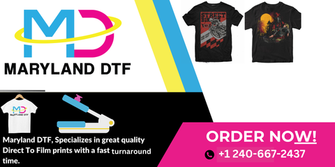 Maryland DTF offers high quality Direct To Film prints with fast turnaround, showcasing vibrant T-shirt designs.