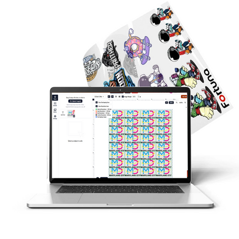 Custom DTF transfers being designed on a laptop, showcasing vibrant prints for hard surfaces.