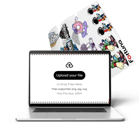 Upload your UV DTF transfer files on a laptop, showcasing vibrant custom designs for hard surfaces.