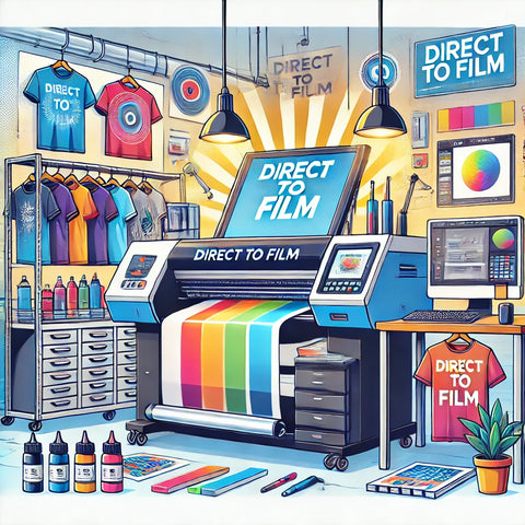 Colorful DTF printing setup with shirts, inks, and equipment showcasing premium DTF print services in Maryland.