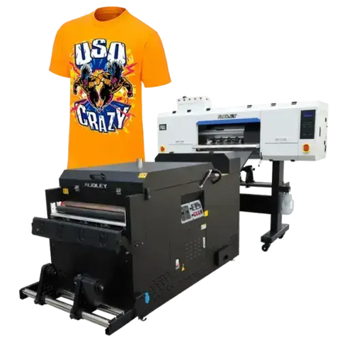 DTF printer with vibrant orange t-shirt design showcasing USA Crazy artwork for high-quality printing in Maryland.