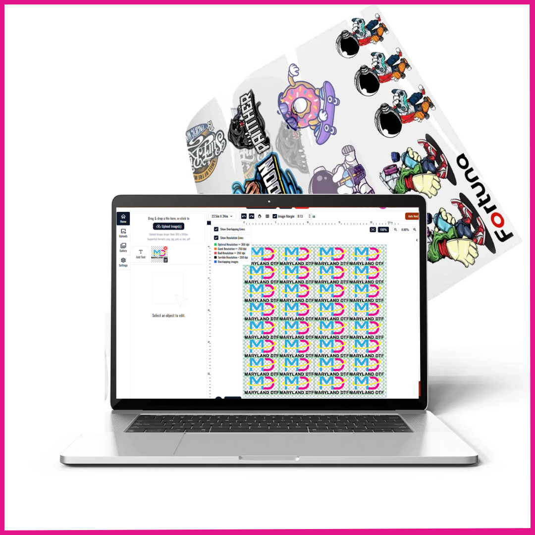 Custom Glitter DTF Gang Sheet design displayed on a laptop screen, showcasing vibrant prints and colorful graphics.