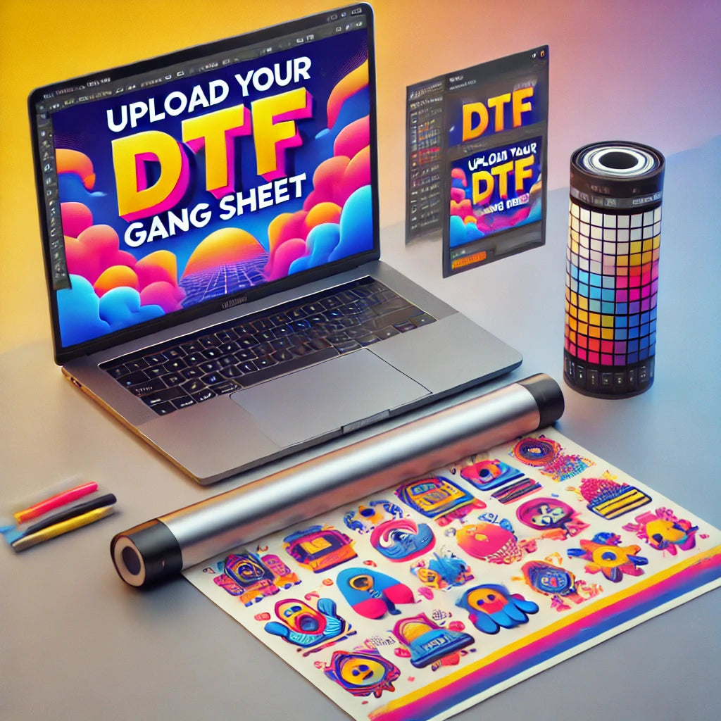 Laptop displaying "Upload Your DTF Gang Sheet" with colorful DTF designs, tools for creating high quality prints in Maryland.