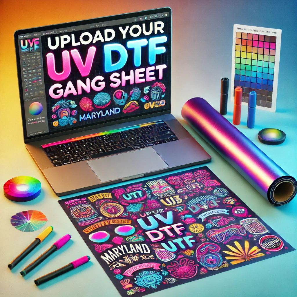 Upload your UV DTF Gang Sheet on a laptop with colorful designs and printing materials. Maryland DTF transfers.