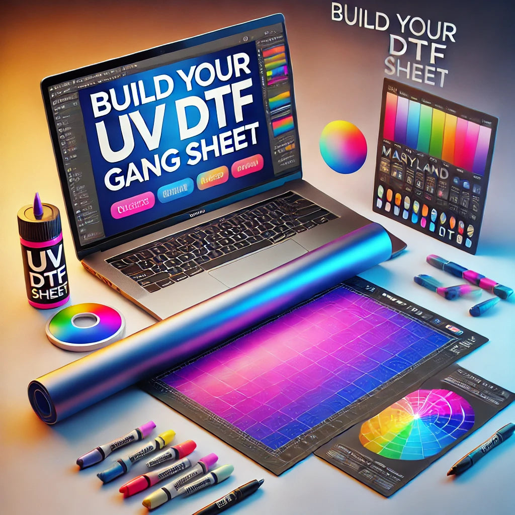 Build Your UV DTF Gang Sheet with vibrant colors, laptop, and art supplies for premium Maryland DTF printing.