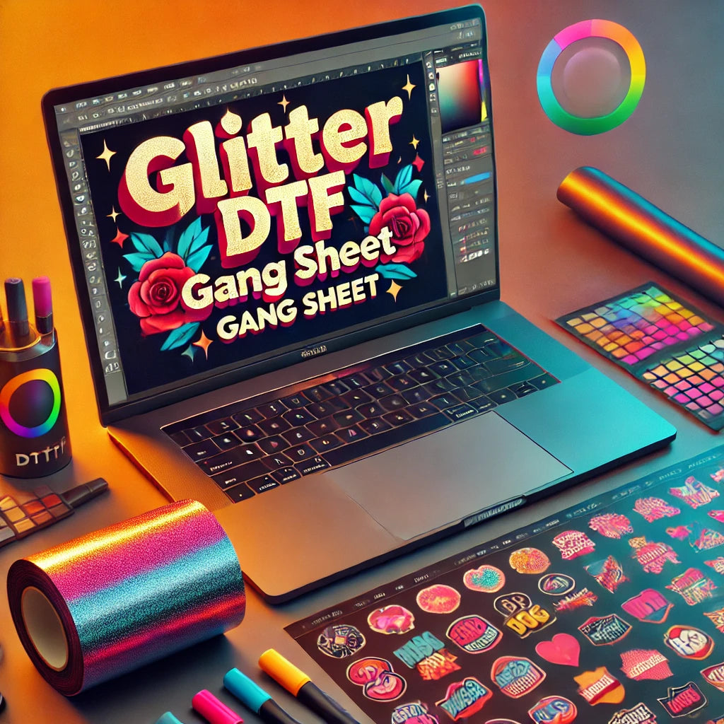 Laptop displaying Glitter DTF Gang Sheet design with colorful printing materials, representing premium DTF printing in Maryland.